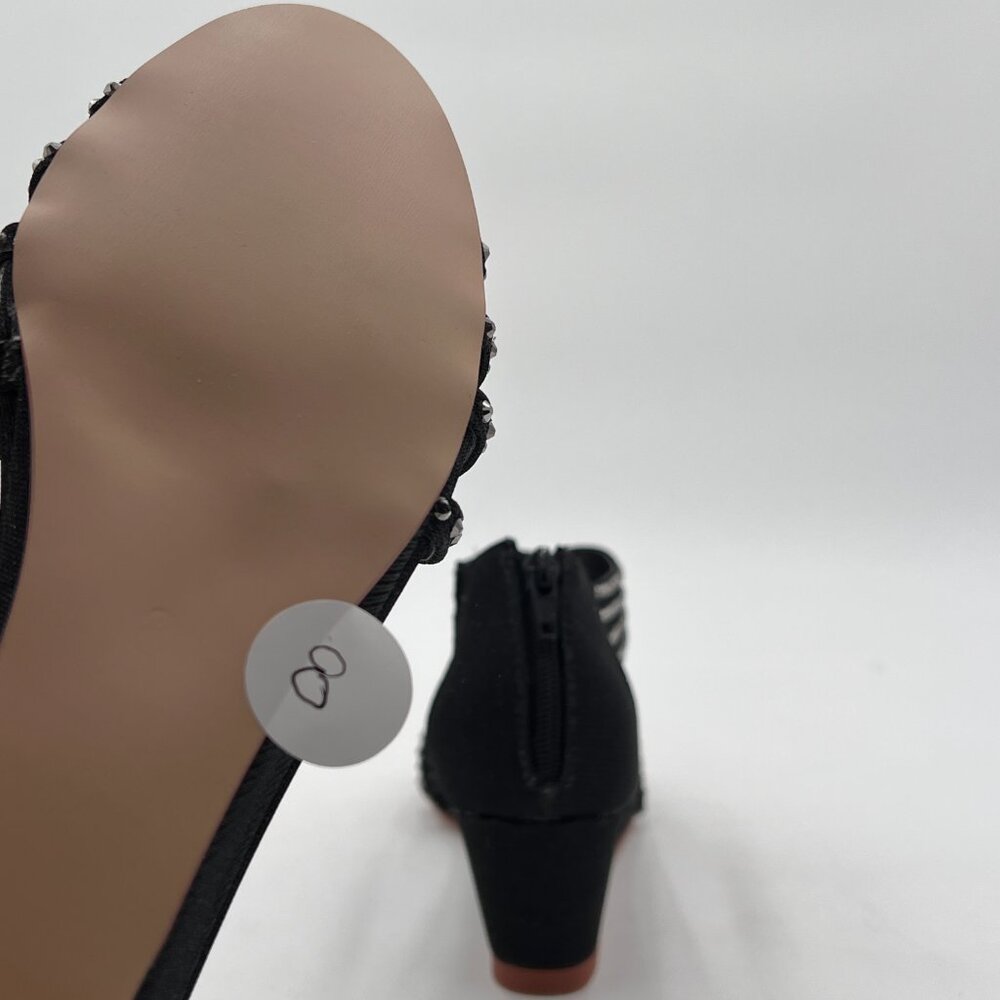 YDN Black Wedge Glitter Open Toe Rhinestones Cross Over Straps Mid Heel Sandals - Picture 6 of 8